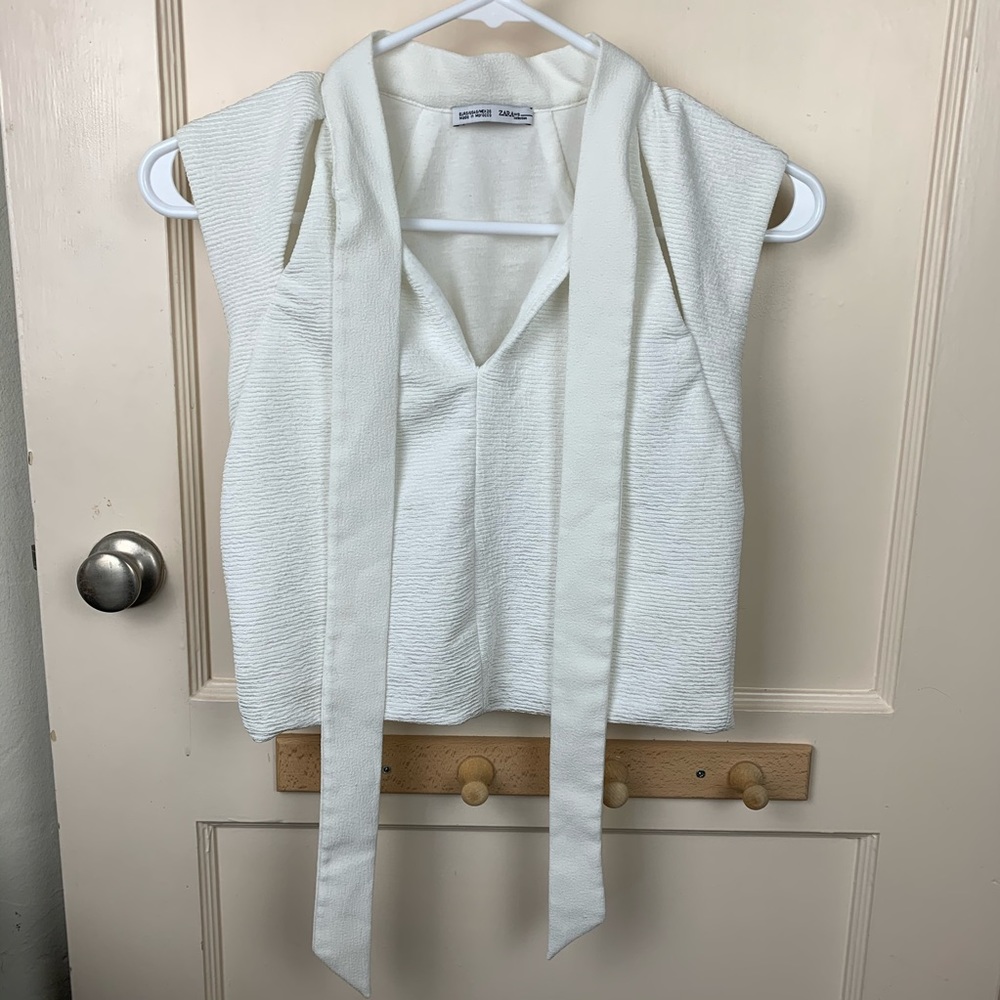 *SOLD* Zara B/W Collection Tie Neck Crop Top White